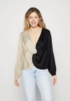 YAS Vanessa V Neck Ls - Blouse - Bleached Sand/Black